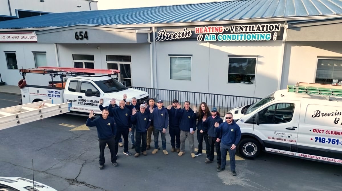 Breezin team waving in front of shop with branded vans